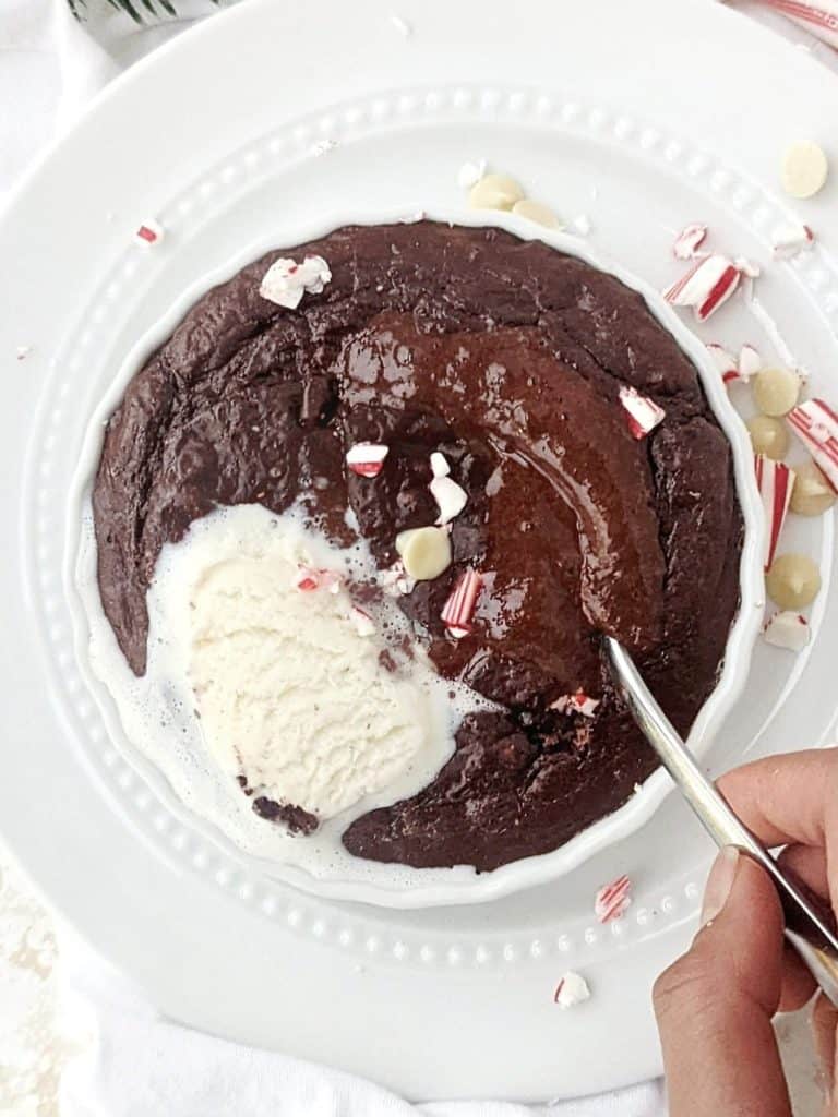 An extra indulgent Half Baked Peppermint Protein Brownie with a fudgy center and all-round rich flavor! This healthy peppermint brownie is made with a ton of protein powder, egg white and some coconut flour, and is a great single serving brownie.