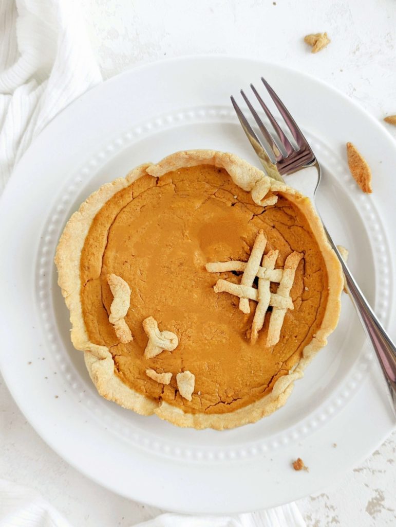 The perfect Single Serve Protein Pumpkin Pie for a high protein, low carb and low calorie Thanksgiving treat. This healthy pumpkin pie for one uses protein powder, only a little butter and no eggs either; A great anabolic pumpkin pie recipe.