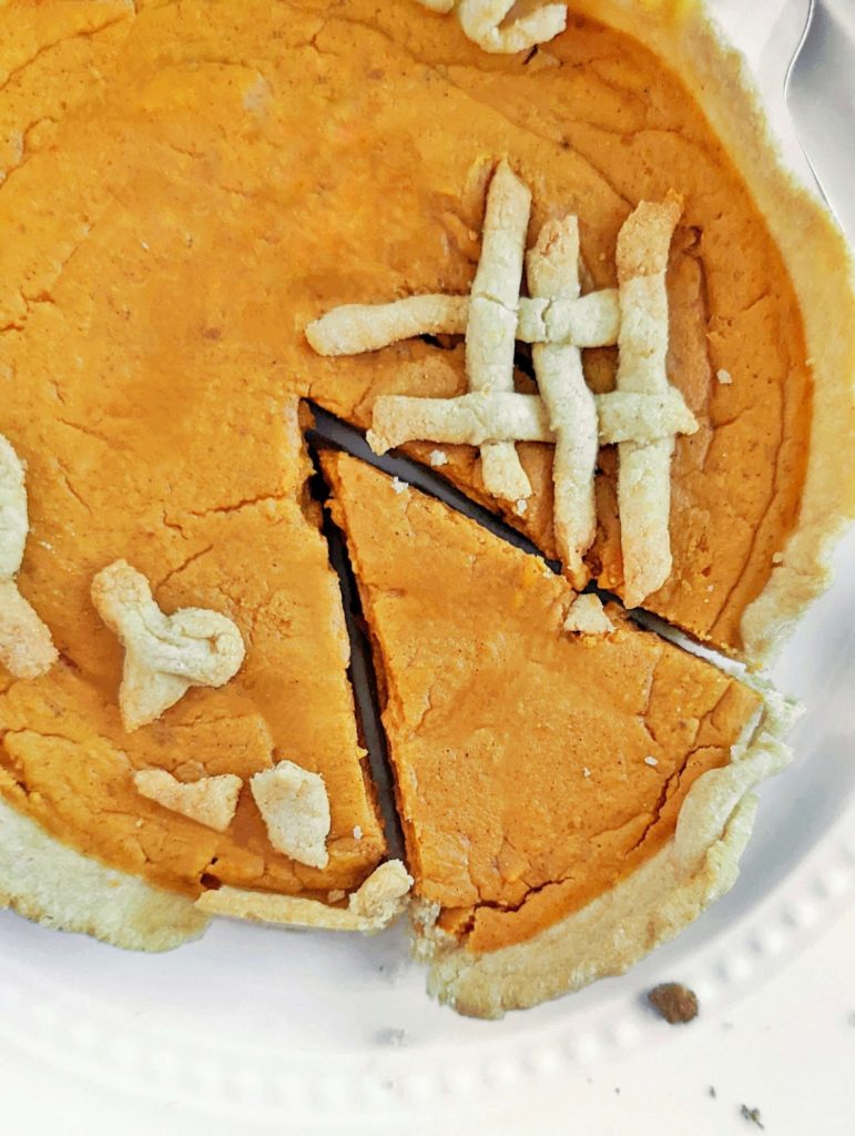 The perfect Single Serve Protein Pumpkin Pie for a high protein, low carb and low calorie Thanksgiving treat. This healthy pumpkin pie for one uses protein powder, only a little butter and no eggs either; A great anabolic pumpkin pie recipe.