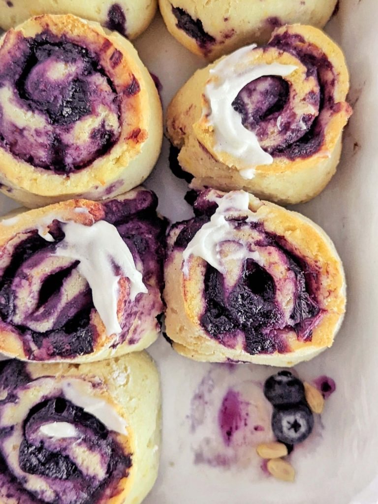 Refreshing and gooey Lemon Blueberry Protein Sweet Rolls with no sugar added. These healthy blueberry sweet rolls use protein powder and Greek yogurt and make a great meal prep breakfast or post workout treat.