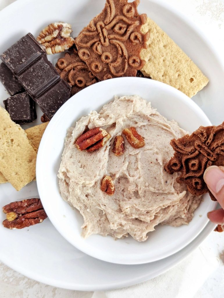 A sweet and creamy Protein Pecan Dip made with pecan butter, protein powder and Greek yogurt. This healthy pecan dip is great for apples, dessert with crackers or a spread on toast.