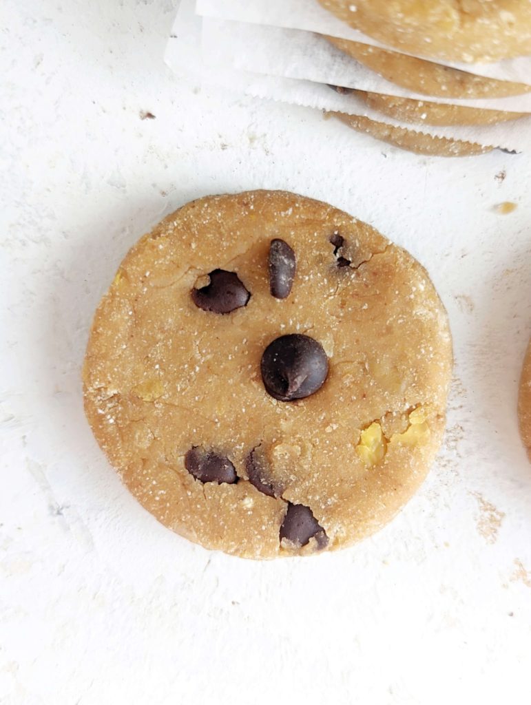 Surprisingly good No Bake Chickpea Protein Cookies for an easy and quick dessert! These healthy chickpea cookies use protein powder, peanut butter powder and coconut flour for a sugar free and low calorie recipe. Vegan and gluten free too!