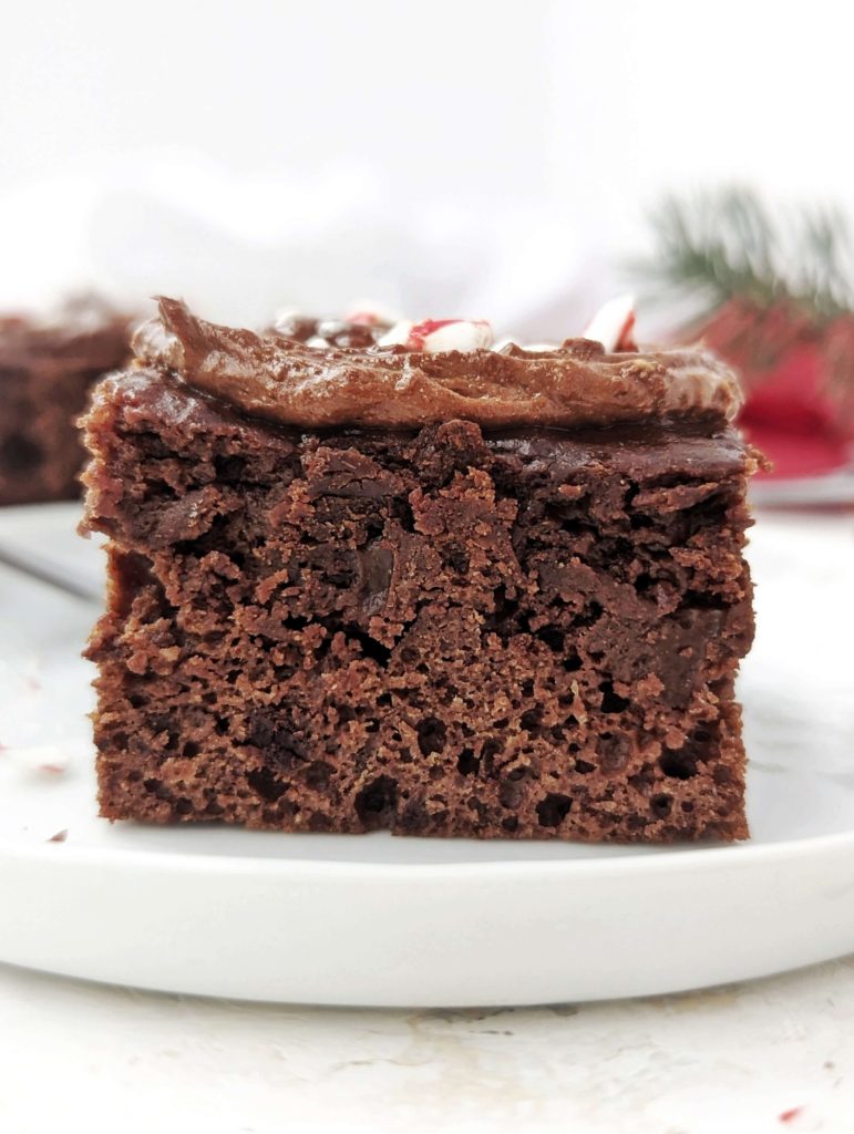 A rich and festive Chocolate Peppermint Protein Cake topped with a chocolate protein frosting! This healthy chocolate peppermint cake uses cocoa powder and protein powder and has no eggs, butter or oil either!