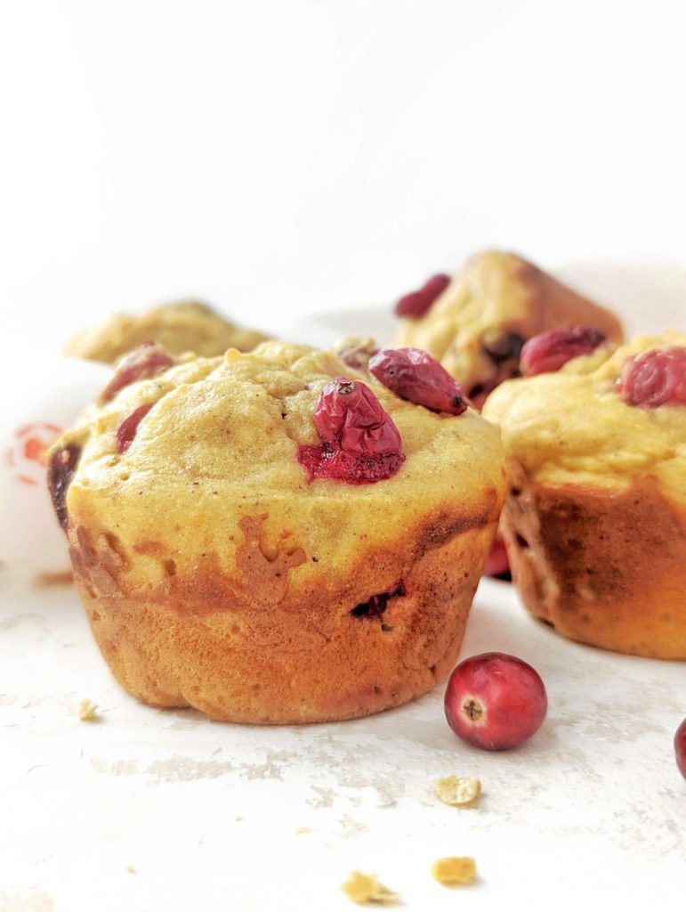 Bright and sweet Cranberry Eggnog Protein Muffins made with a tarty twist from fresh cranberries. These healthy cranberry eggnog muffins use protein powder for sweetener and have no sugar or oil either! A great low calorie, low fat, high protein breakfast treat.