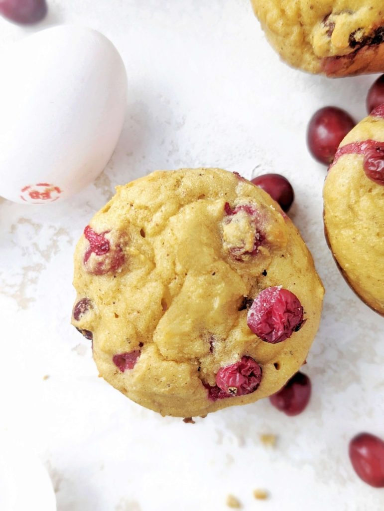 Bright and sweet Cranberry Eggnog Protein Muffins made with a tarty twist from fresh cranberries. These healthy cranberry eggnog muffins use protein powder for sweetener and have no sugar or oil either! A great low calorie, low fat, high protein breakfast treat.