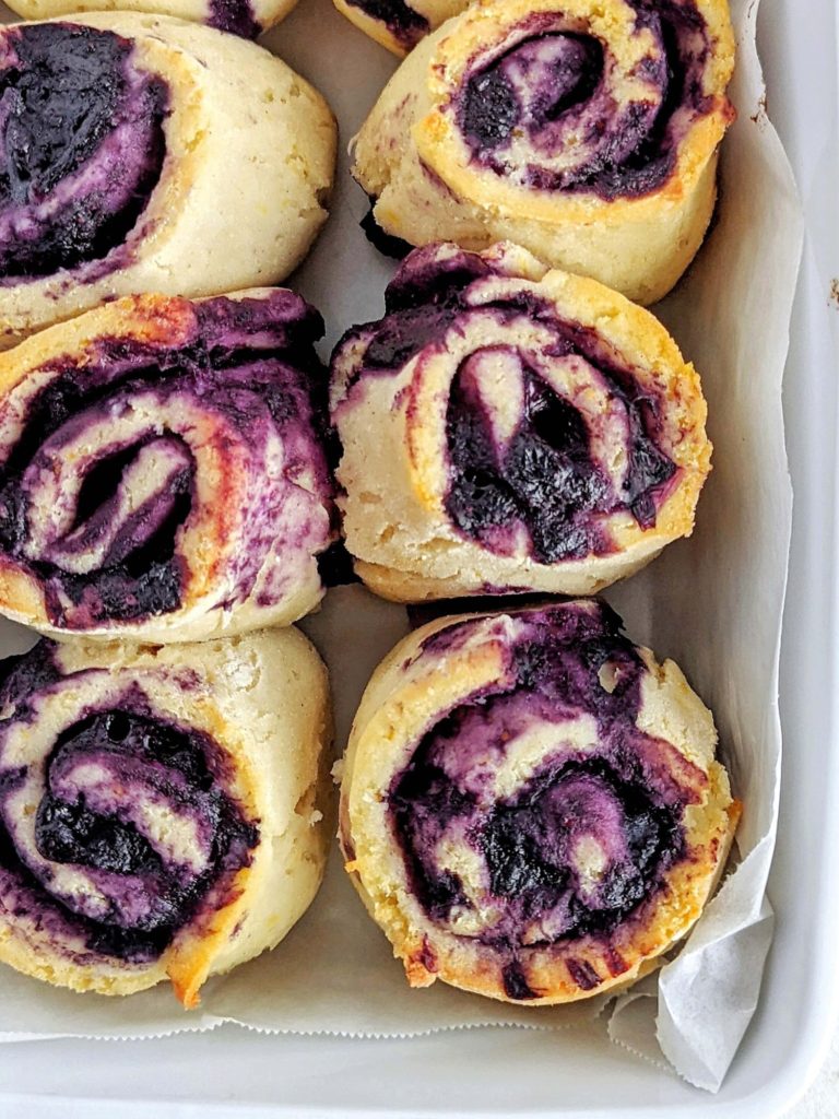 Refreshing and gooey Lemon Blueberry Protein Sweet Rolls with no sugar added. These healthy blueberry sweet rolls use protein powder and Greek yogurt and make a great meal prep breakfast or post workout treat.