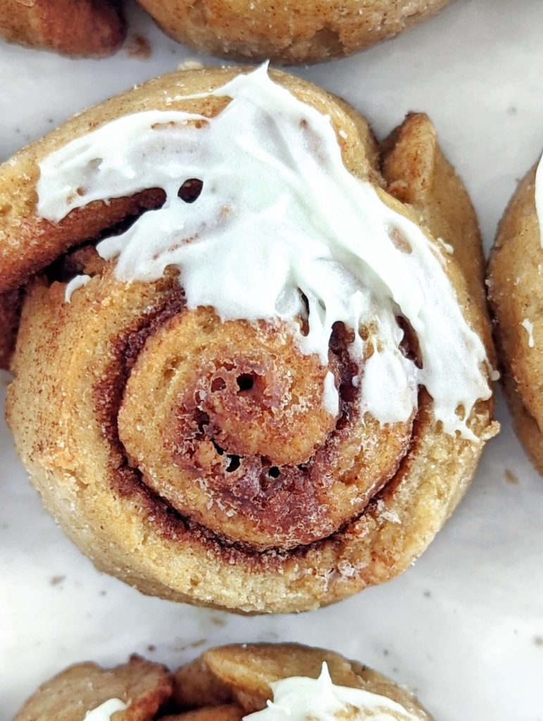 Amazingly soft Pancake Mix Protein Cinnamon Rolls with no yeast! These healthy cinnamon rolls use protein pancake mix and protein powder for an extra bump and have a sugar free and low fat gooey center - perfect breakfast!