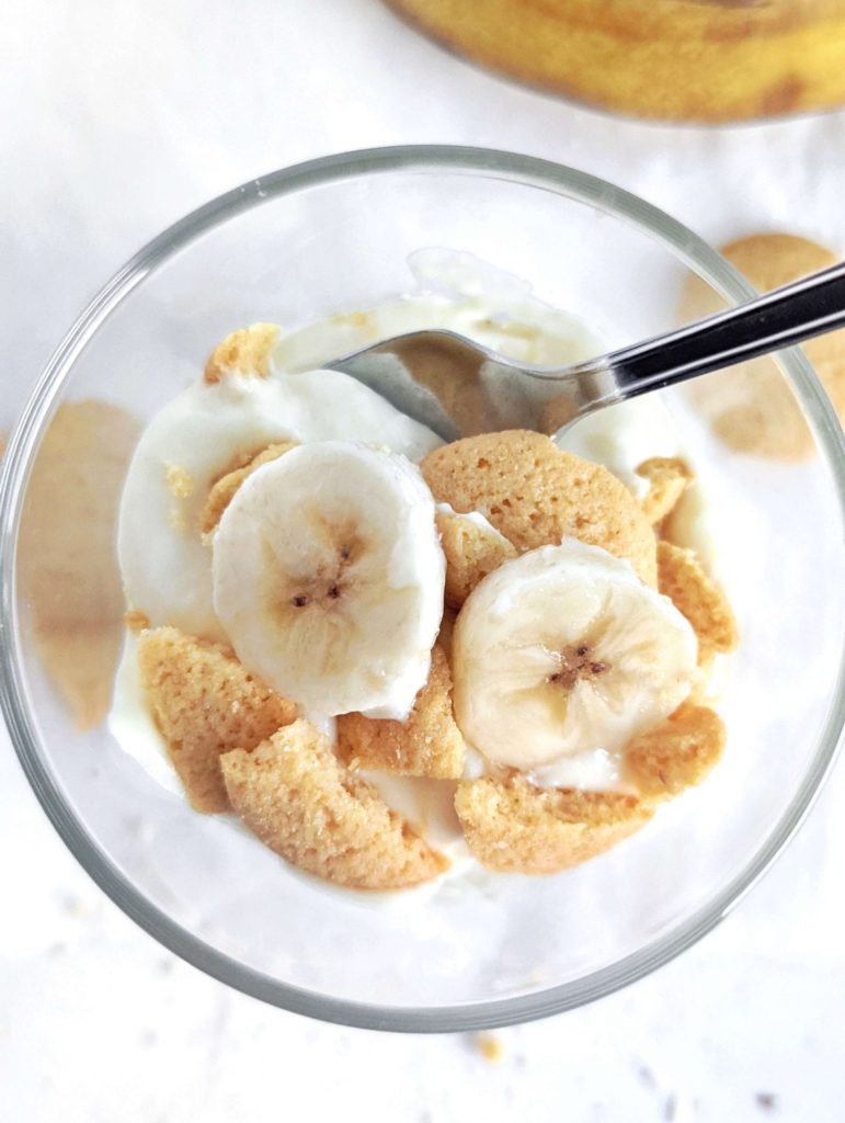 Healthy Protein Banana Pudding with layers of protein powder custard, sugar free vanilla waters and fresh banana. This banana cream pudding is an easy, healthy, no bake recipe without condensed milk or any added sugar.