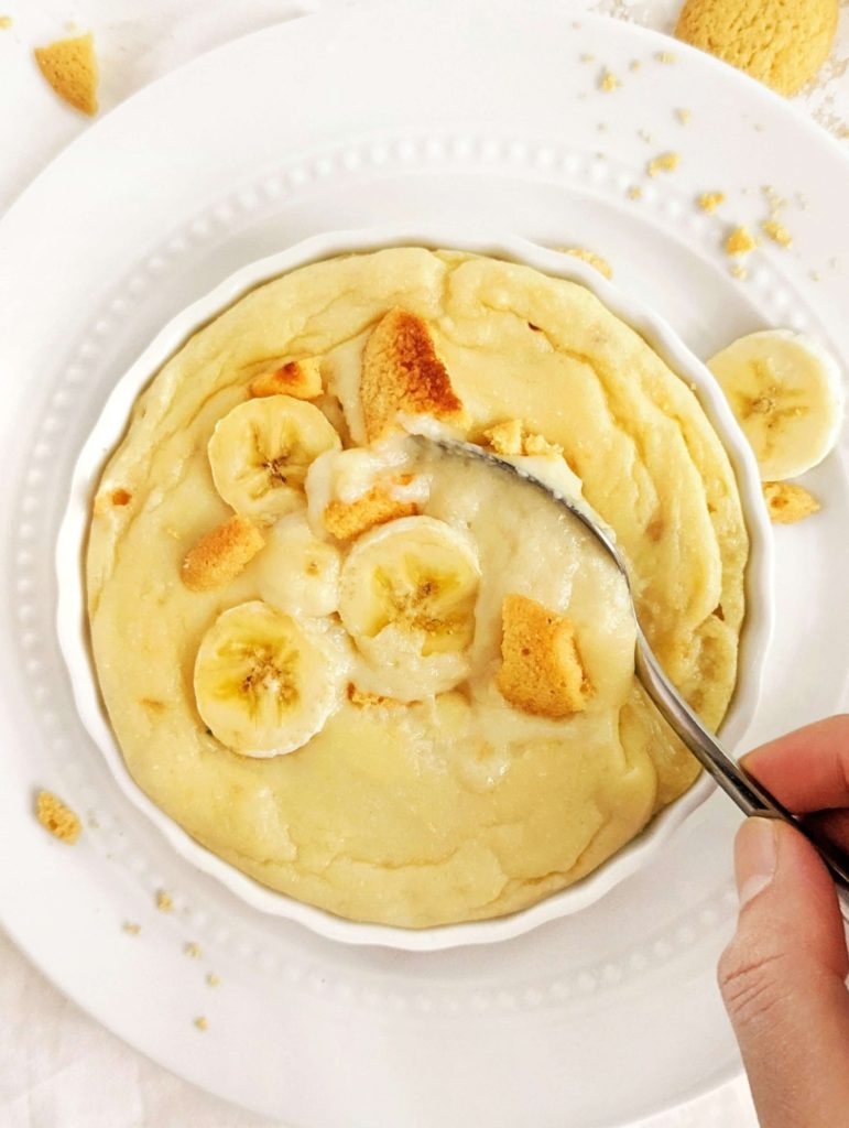 A beautiful Protein Banana Pudding Cake for one with a load of protein powder and no added sugar. This healthy banana protein mug cake has no egg, is gluten free, and tastes like banana cream pudding!