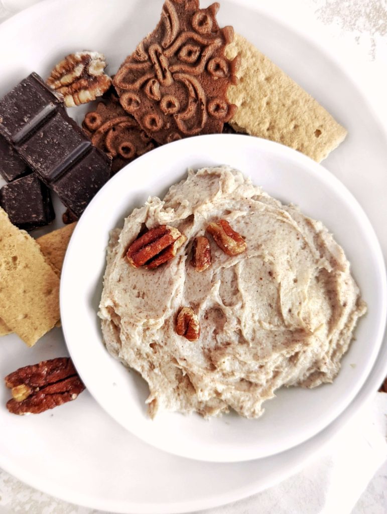 A sweet and creamy Protein Pecan Dip made with pecan butter, protein powder and Greek yogurt. This healthy pecan dip is great for apples, dessert with crackers or a spread on toast.