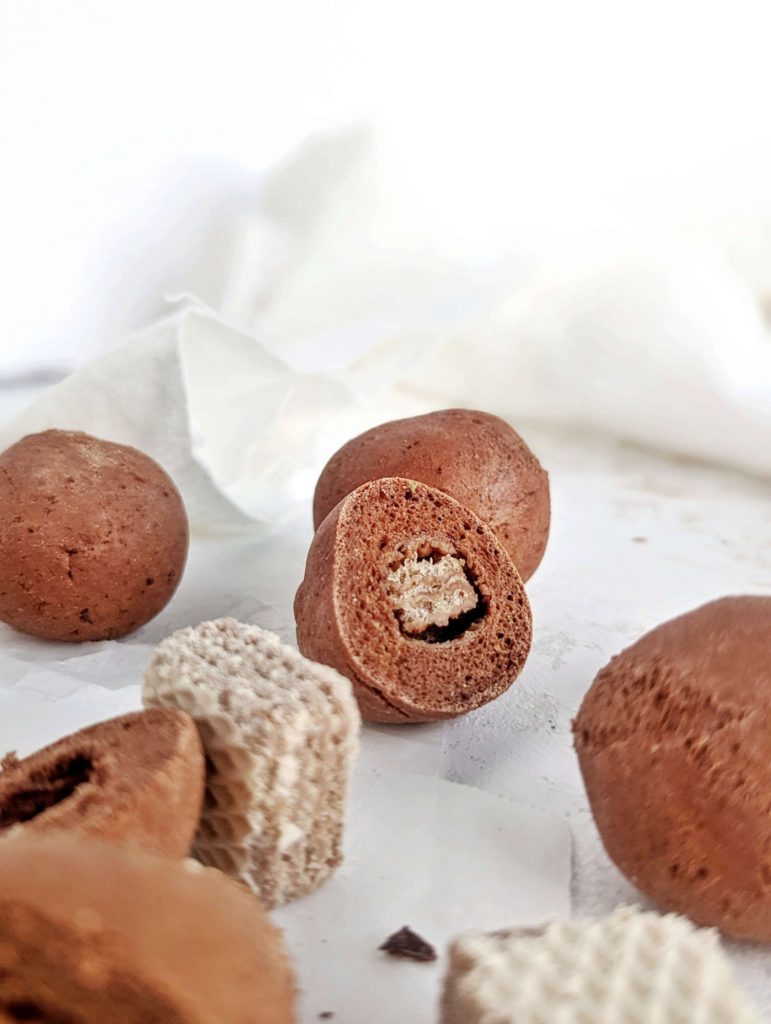 Soft Baked Chocolate Protein Balls with a crunchy Kitkat center! These baked energy bites use protein powder and Greek yogurt for a healthy and low calorie snack.