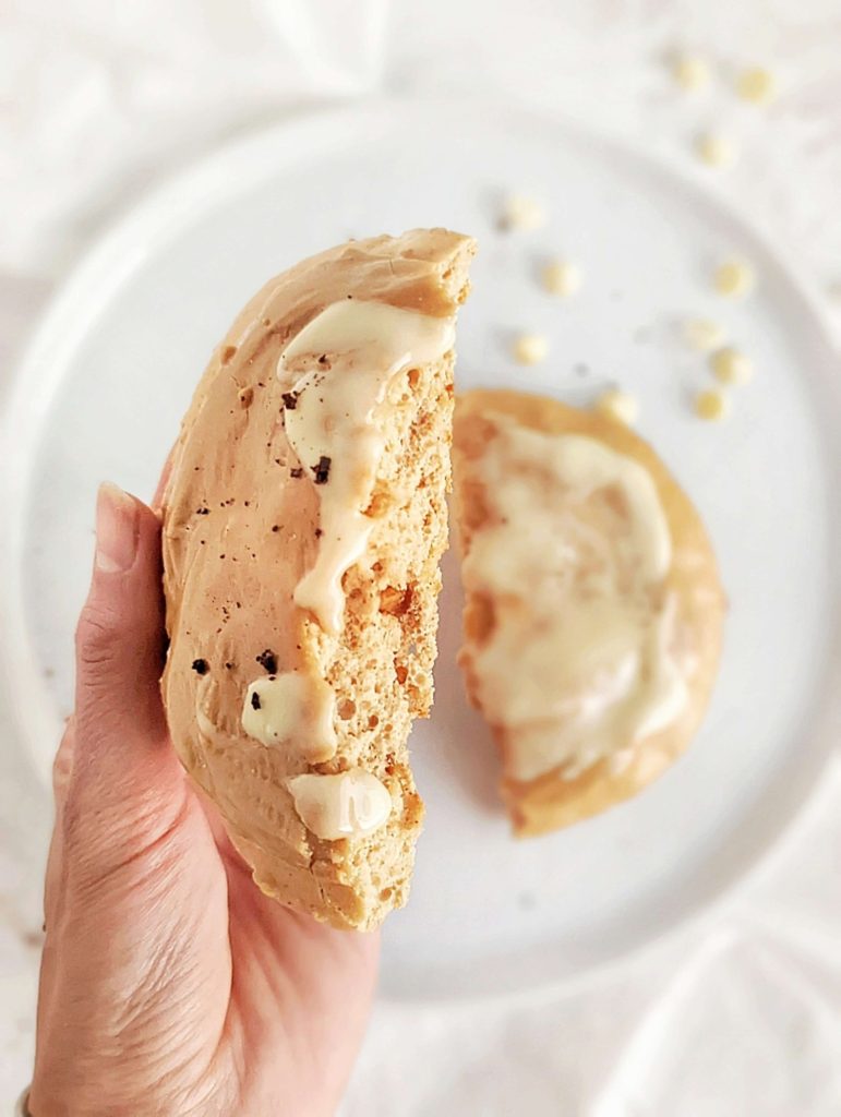 A rich Cappuccino Protein Cookie with an actual cappuccino-flavored topping too! This healthy coffee flavored protein cookie uses cappuccino protein powder and has no sugar, oil or butter.
