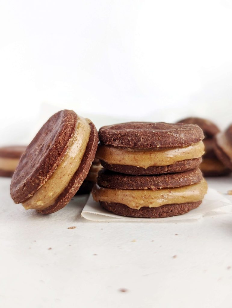 Unique Chocolate Caramel Protein Sandwich Cookies are a healthy and sugar free sweet treat. These healthy chocolate sandwich cookies have protein powder in the cookie and the caramel filling, and will surely satisfy cravings.