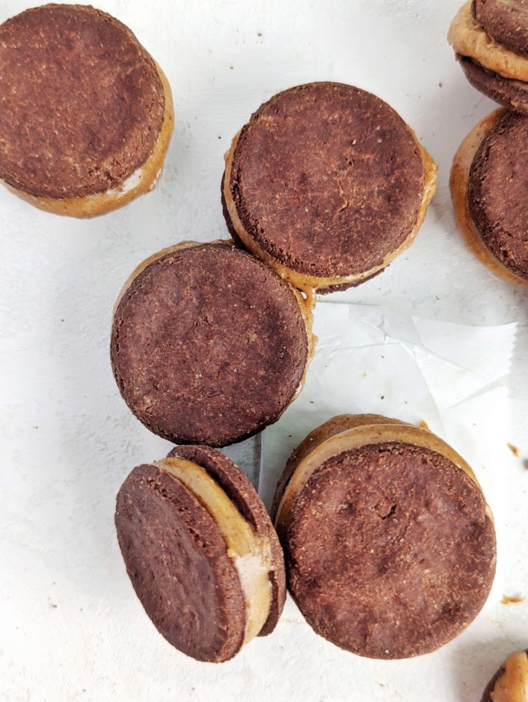 Unique Chocolate Caramel Protein Sandwich Cookies are a healthy and sugar free sweet treat. These healthy chocolate sandwich cookies have protein powder in the cookie and the caramel filling, and will surely satisfy cravings.