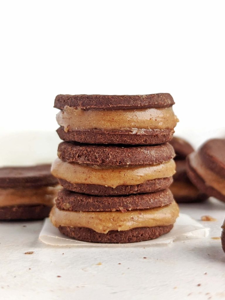 Unique Chocolate Caramel Protein Sandwich Cookies are a healthy and sugar free sweet treat. These healthy chocolate sandwich cookies have protein powder in the cookie and the caramel filling, and will surely satisfy cravings.