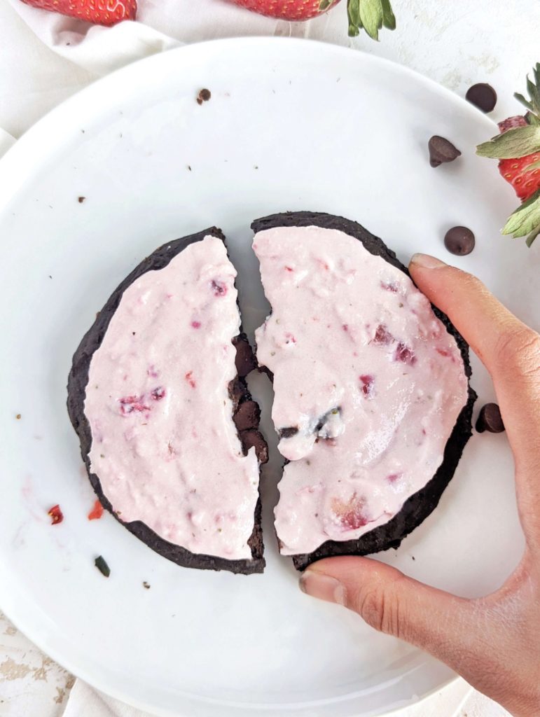 Unbelievably good Chocolate Strawberry Cheesecake Protein Cookie like healthy Crumbl copycat recipe. This chocolate strawberry protein cookie is gluten free, and has no butter or sugar!