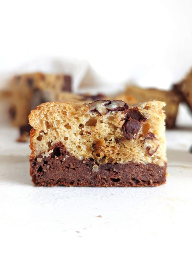 Awesome Chunky Monkey Protein Brownies with a rich brownie layer, banana layer and all the mix ins like the ice cream! This healthy chunky monkey banana brownie recipe uses protein powder, monkfruit sweetener and Greek yogurt, and has no added sugar, or oil!