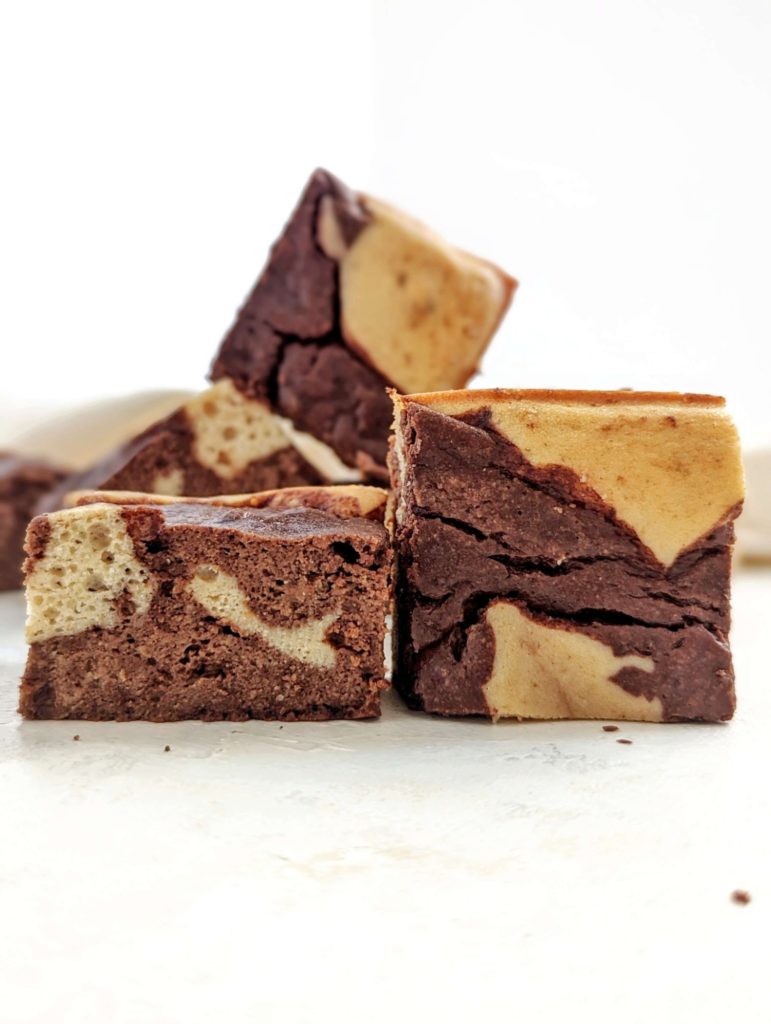 Beautiful Pancake Mix Protein Brownies with layered protein brownie and pancake, both using pancake mix, not four. These healthy pancake brownie recipe uses Kodiak protein pancake mix, cocoa powder and protein powder.