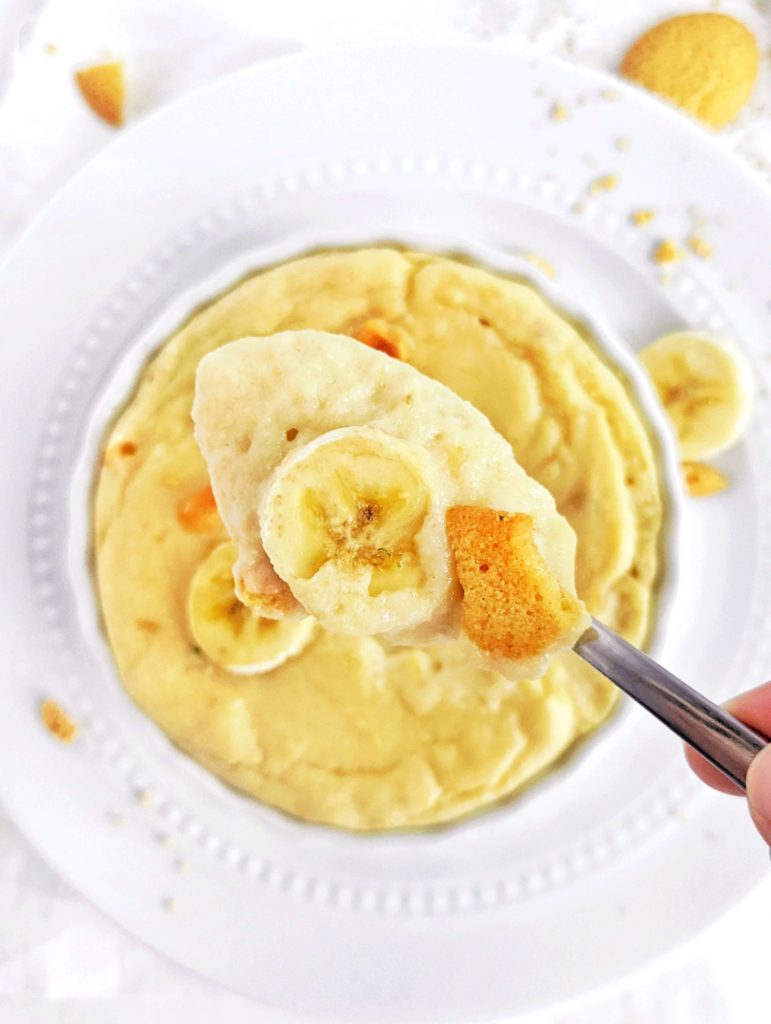 A beautiful Protein Banana Pudding Cake for one with a load of protein powder and no added sugar. This healthy banana protein mug cake has no egg, is gluten free, and tastes like banana cream pudding!