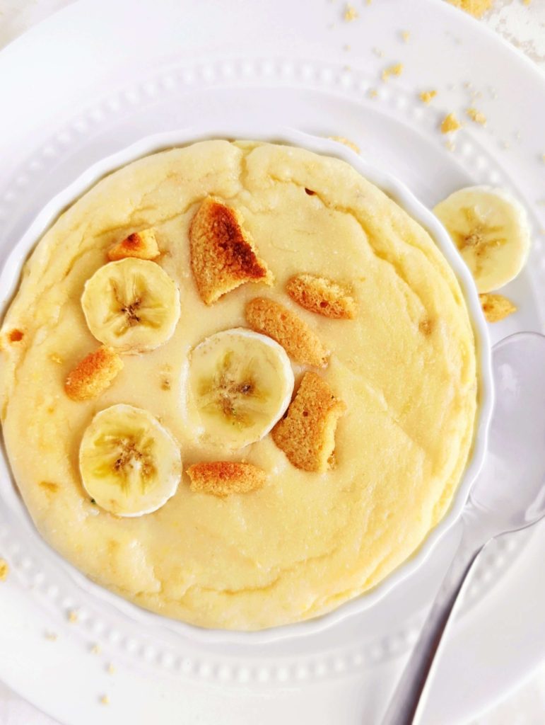 A beautiful Protein Banana Pudding Cake for one with a load of protein powder and no added sugar. This healthy banana protein mug cake has no egg, is gluten free, and tastes like banana cream pudding!