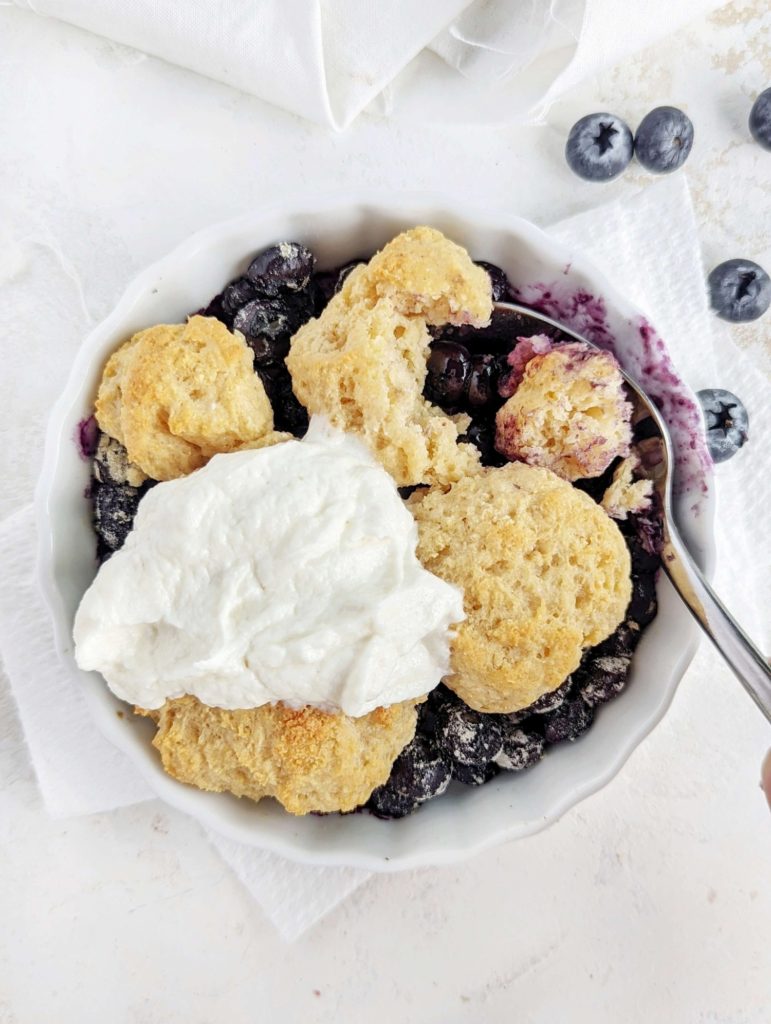Small and easy Protein Blueberry Cobbler with big flavor; This single serve protein powder blueberry cobbler has no sugar, is low fat and a perfect healthy dessert for one!