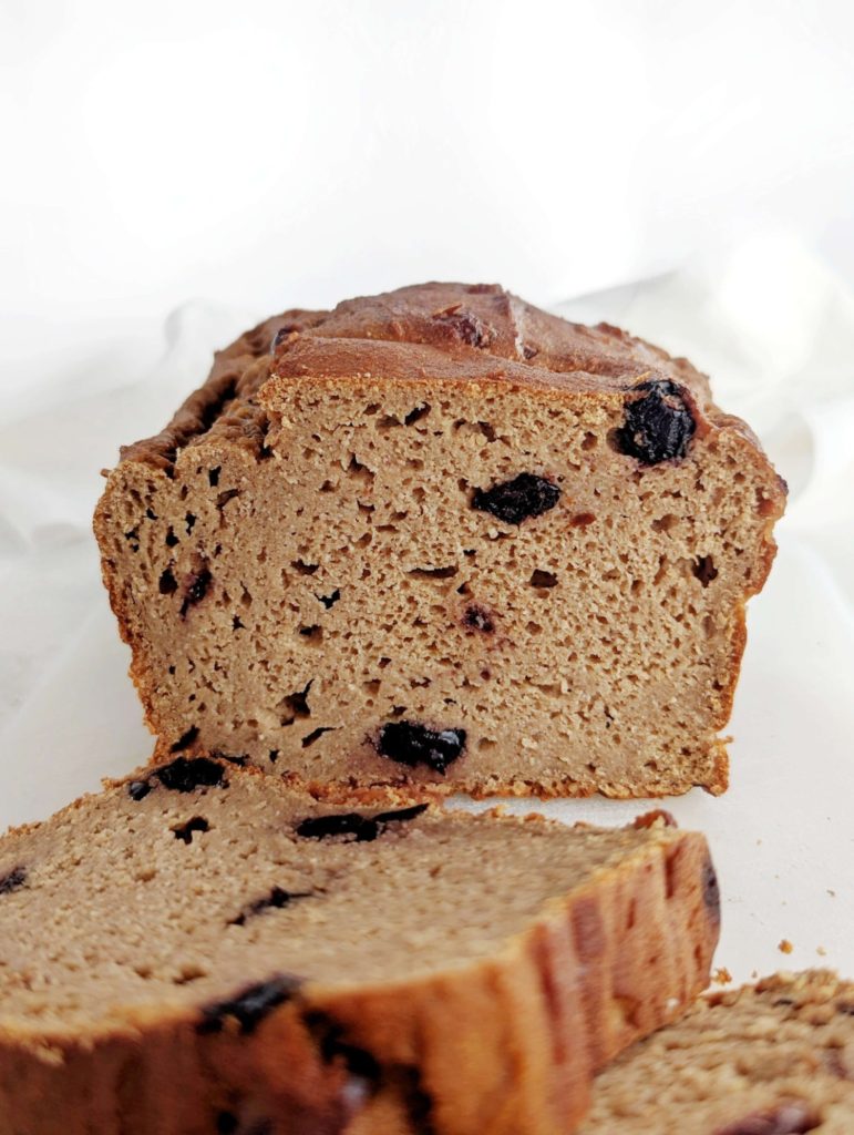 A sweet and soft Protein Cinnamon Raisin Bread with no added sugar, oil or butter! This healthy cinnamon raisin bread recipe uses protein powder, stevia sweetener and applesauce too for a guilt-free loaf!