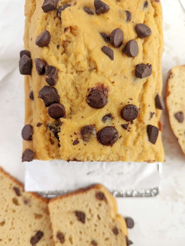 This Protein Cookie Dough Bread is like a big loaf of chocolate chip cookie, but better! A healthy chocolate chip protein bread with peanut butter powder, protein powder, no oil or butter, and even sugar free chocolate chips!