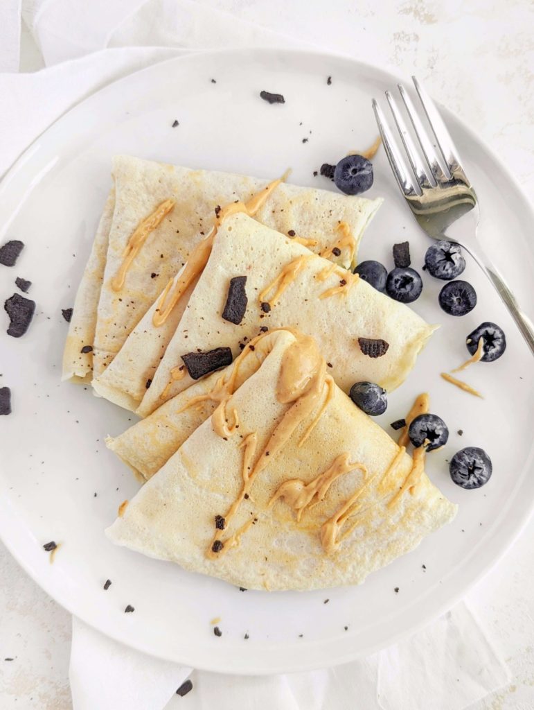 Actually the best Healthy Protein Crepes made with just 3 ingredients! These protein powder crepes have no flour or butter, and are gluten free, sugar free, low carb and keto friendly too.