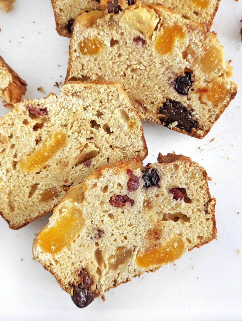 An amazing Protein Fruitcake Bread made with pancake mix and protein powder for a diet friendly recipe! This healthy fruit cake loaf is has no sugar, oil or butter.