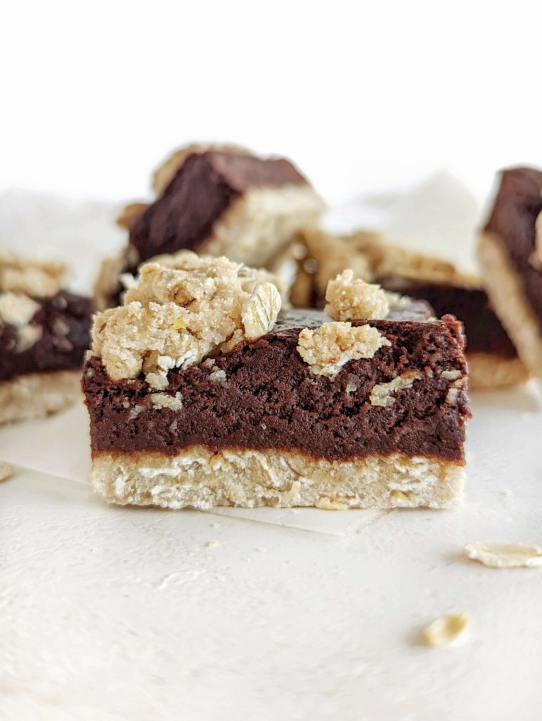 Just amazing Protein Oatmeal Fudge Bars with a protein oat cookie base and protein chocolate fudge too! Healthy chocolate oatmeal fudge bars have no oil, butter, sugar, or flour!