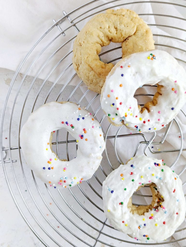 Actually light and fluffy Air Fryer Protein Donuts in under 15 minutes with no donut pan needed! Healthy air fryer donuts recipe uses protein powder and is sugar free too.