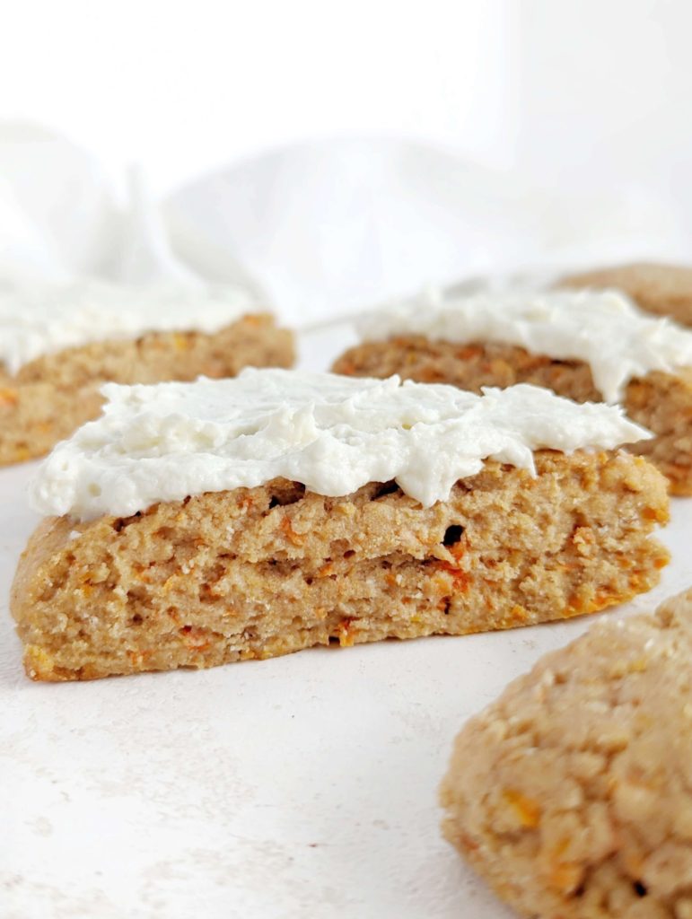 Unbelievable Carrot Cake Protein Scones with all the carrot cake flavor and a frosting too! These healthy carrot scones use protein powder for sweetener and yogurt for even more protein; Vegan and Gluten free options too!