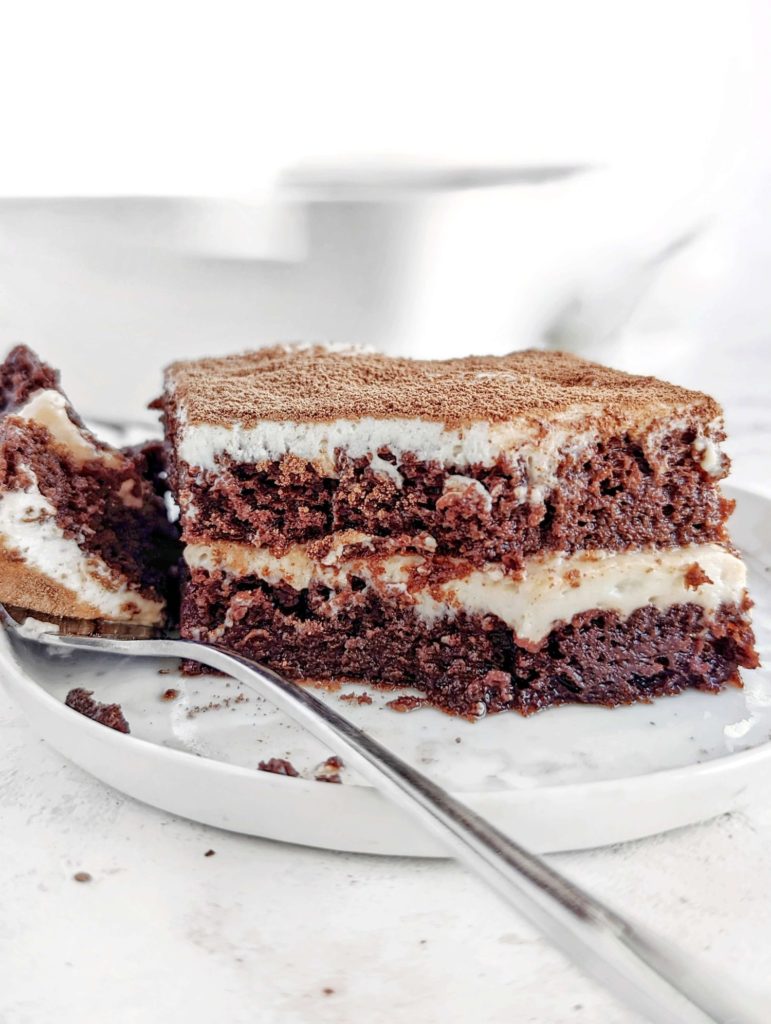 Super rich and indulgent Chocolate Protein Tiramisu with a chocolate protein cake and protein cream! Healthy chocolate tiramisu recipe with no eggs, no sugar and no mascarpone either! A macro friendly dessert.