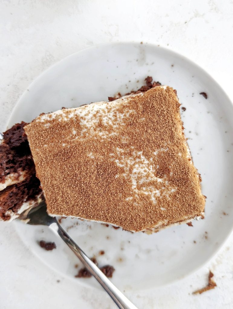 Super rich and indulgent Chocolate Protein Tiramisu with a chocolate protein cake and protein cream! Healthy chocolate tiramisu recipe with no eggs, no sugar and no mascarpone either! A macro friendly dessert.