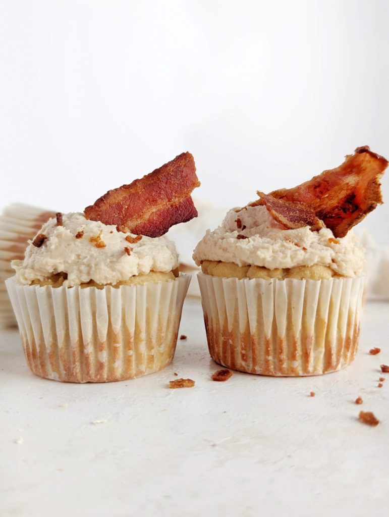 Truly beautiful Maple Bacon Protein Cupcakes with sweet maple flavored protein cupcake and frosting topped and salty bacon. These healthy maple bacon cupcakes are sugar free, low carb and low fat too!