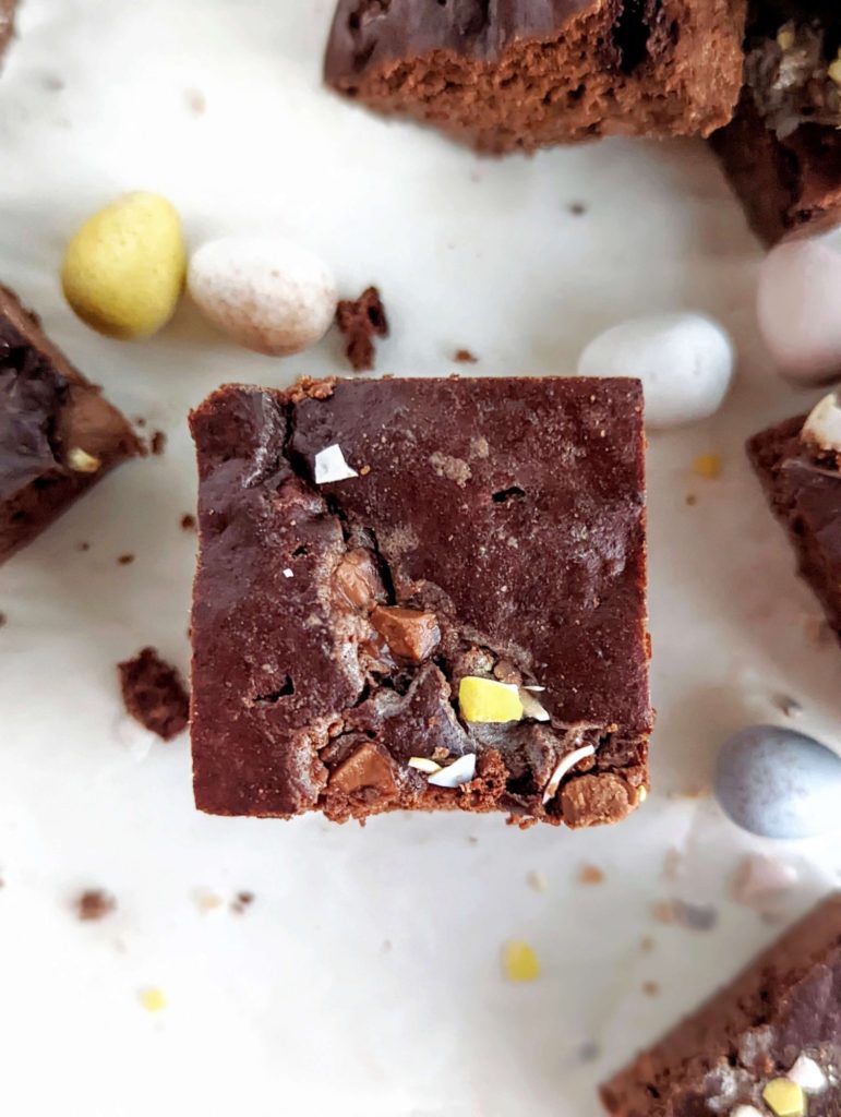 Amazing Mini Egg Protein Brownies made with a ton of protein powder and Greek yogurt, for an Easter desert! Healthy mini egg brownies are gluten free, butter-free and easily Vegan too!
