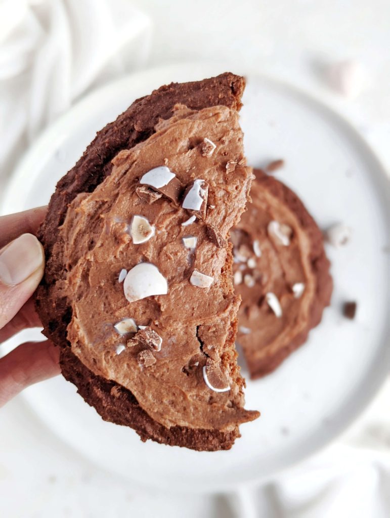 A rich and big single serve Mini Egg Protein Cookie with a protein chocolate frosting too! This healthy mini egg cookie uses protein powder and has no sugar or butter added - a great Easter dessert for one. 