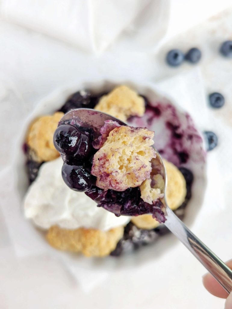 Small and easy Protein Blueberry Cobbler with big flavor; This single serve protein powder blueberry cobbler has no sugar, is low fat and a perfect healthy dessert for one!