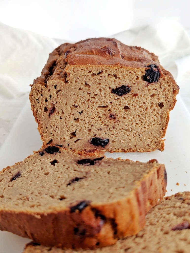 A sweet and soft Protein Cinnamon Raisin Bread with no added sugar, oil or butter! This healthy cinnamon raisin bread recipe uses protein powder, stevia sweetener and applesauce too for a guilt-free loaf!