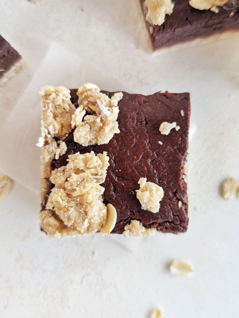 Just amazing Protein Oatmeal Fudge Bars with a protein oat cookie base and protein chocolate fudge too! Healthy chocolate oatmeal fudge bars have no oil, butter, sugar, or flour!