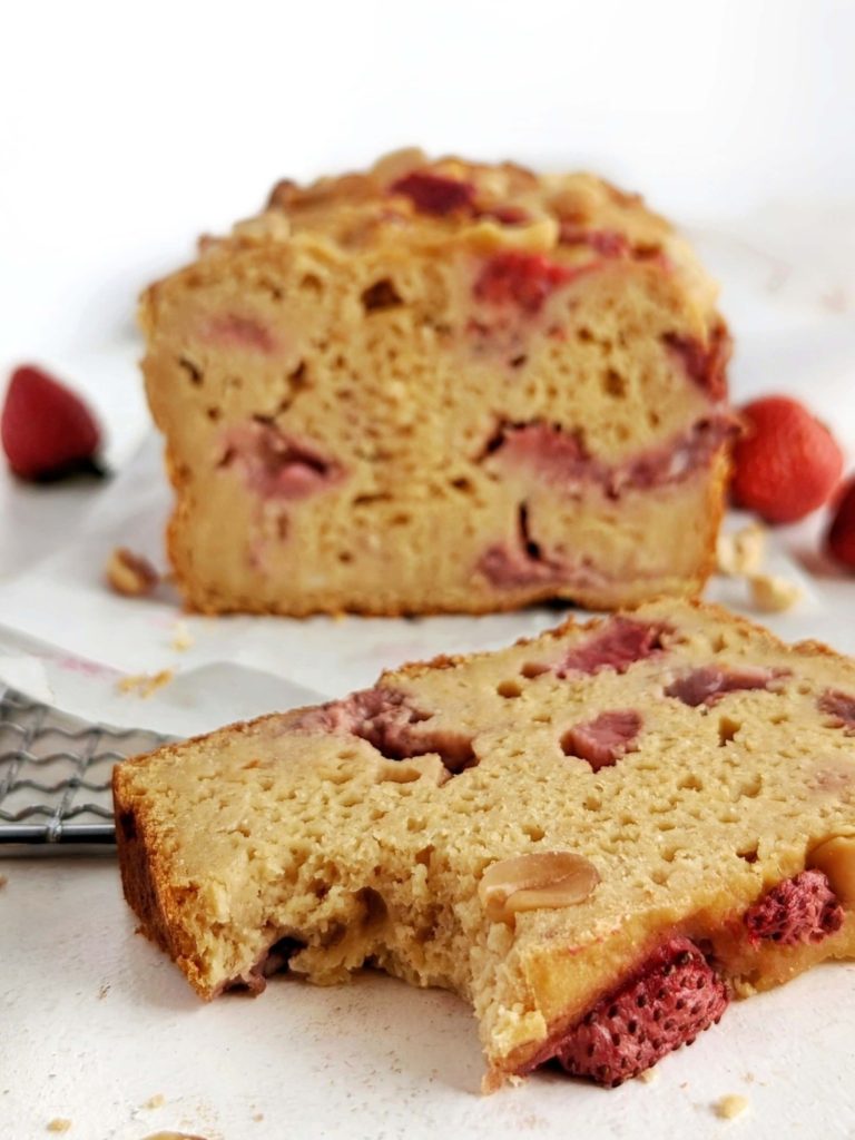 Delicious Protein PB&J Bread made with fresh strawberries and pb powder for that peanut butter jelly flavor. Healthy PB & J loaf uses protein powder and applesauce to sweeten and moisten, and has no added sugar, butter or oil.