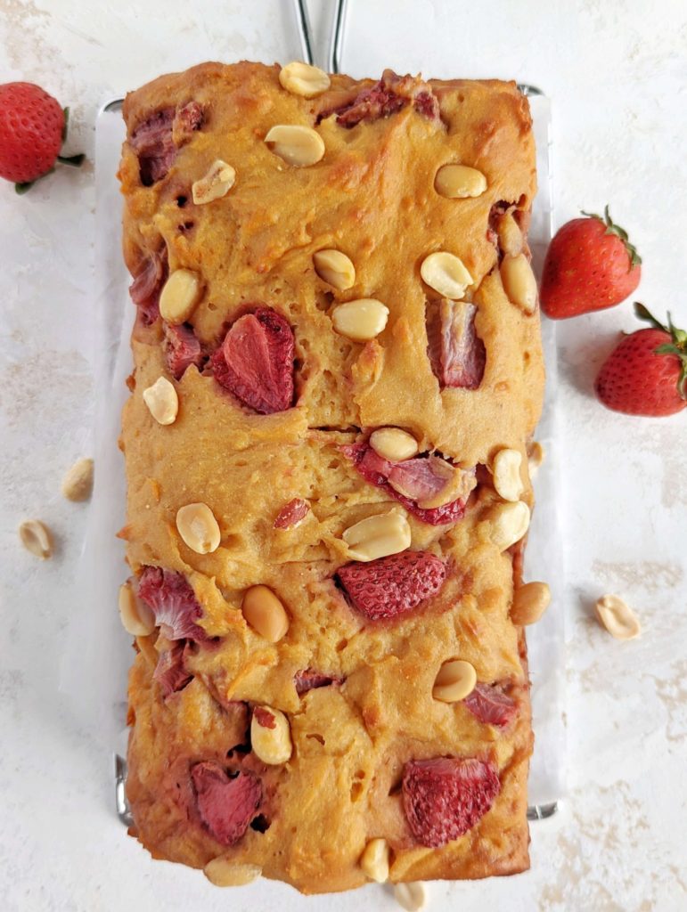 Delicious Protein PB&J Bread made with fresh strawberries and pb powder for that peanut butter jelly flavor. Healthy PB & J loaf uses protein powder and applesauce to sweeten and moisten, and has no added sugar, butter or oil.