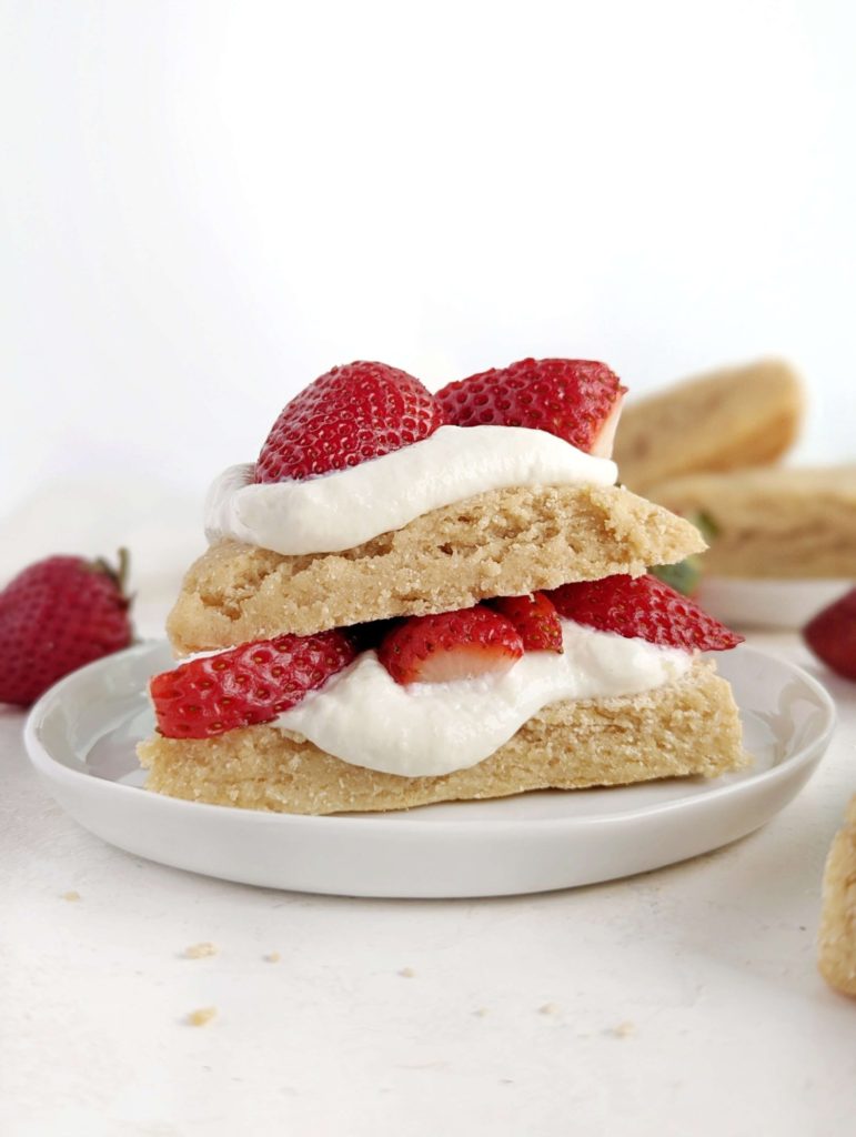 Delicate and super delicious Protein Strawberry Shortcake recipe with a protein scone base and cream layer too. Healthy strawberry shortcake uses protein powder and Greek yogurt and has no sugar, butter, or heavy cream.