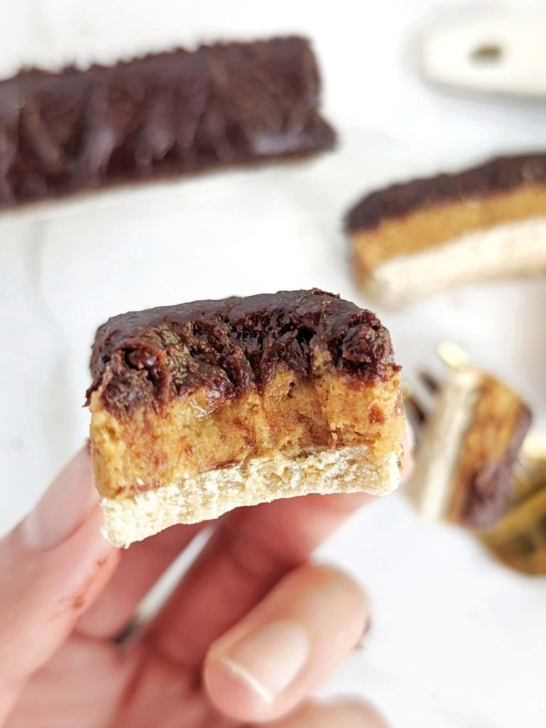 Magical Caramel Fudge Protein Bars with a protein base, protein caramel and protein fudge, but all sugar free and low fat! These healthy chocolate caramel bars are great for a post-workout treat, snack or even dessert.