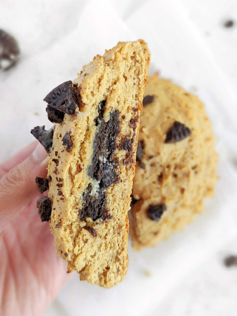 A big Oreo stuffed Peanut Butter Protein Cookie with good flavor and nutrition! A healthy single serving Oreo stuffed peanut butter cookie with no butter or sugar and made using oat flour.