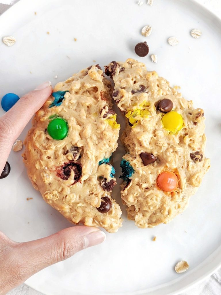 A truly big Protein Monster Cookie for an easy single serve dessert! This healthy monster cookie recipe uses peanut butter powder, sugar free chocolate chips and has no added sugar or butter either.