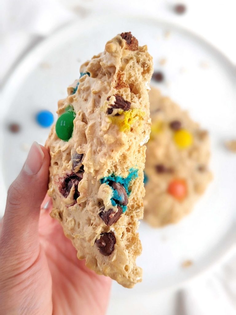 A truly big Protein Monster Cookie for an easy single serve dessert! This healthy monster cookie recipe uses peanut butter powder, sugar free chocolate chips and has no added sugar or butter either.