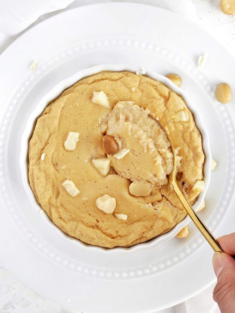 A luscious single serve soft-baked White Chocolate Macadamia Protein Cookie with a ton of protein powder and no sugar. Healthy white chocolate macadamia nut cookie is low fat and gluten free too!