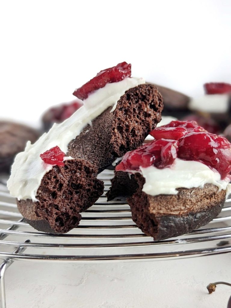Just amazing Black Forest Protein Donuts with a rich chocolate protein cake donut, protein frosting and cherry topping! These black forest donuts are healthy, low fat and sugar-free too.