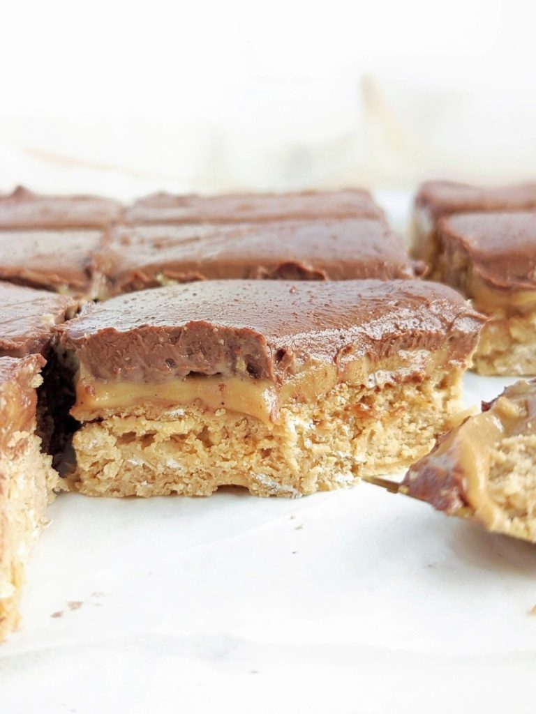 Soft and chewy Lunch Lady Peanut Butter Protein Bars but healthy, sugar free and gluten free! These lunch lady peanut butter squares have a peanut butter oatmeal cookie base, peanut butter and chocolate frosting - all high protein.